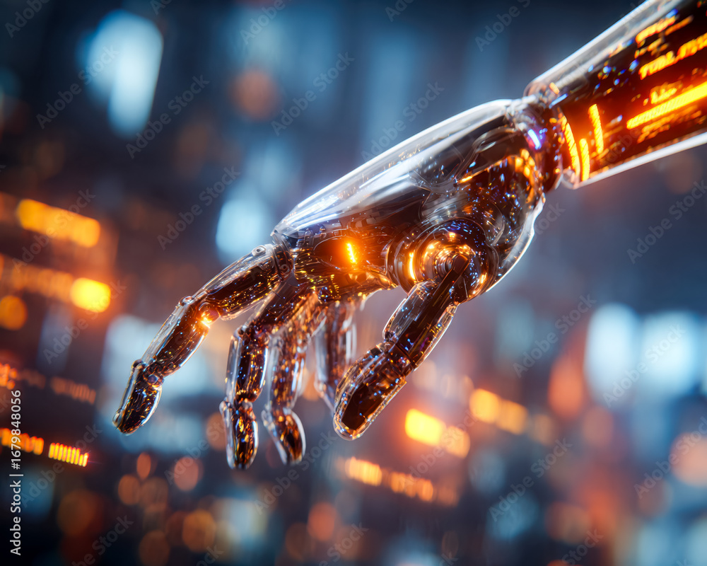 Poster futuristic robotic hand illuminated with vibrant lights in a high-tech environment