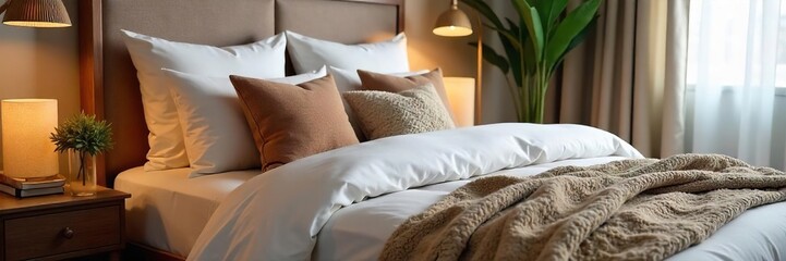 Luxurious bedding arrangement featuring plush pillows and a textured throw blanket, creating a cozy and inviting bedroom scene , spa, soft