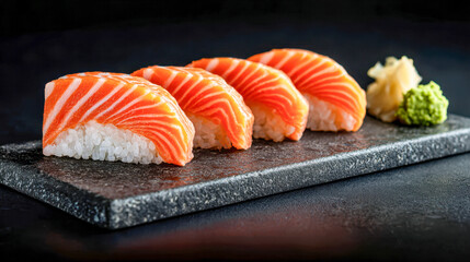 Close-up view of fresh salmon nigiri sushi pieces served on a dark textured stone plate with ginger and wasabi on the side for an elegant Japanese dining experience