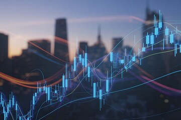 Analyze vibrant stock market data with city skyline background for financial reports and investment presentations, perfect for modern business design