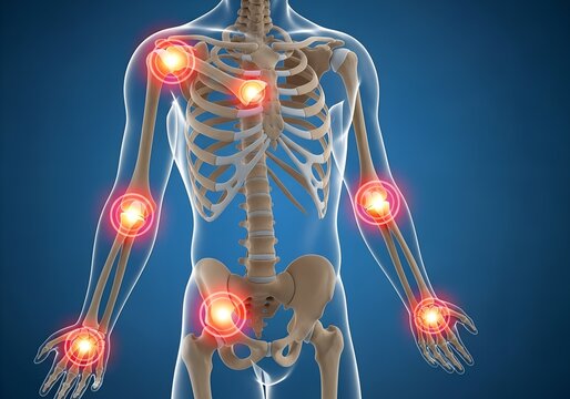 Human skeleton model with red glowing joints for medical illustration or arthritis awareness campaigns, showcasing joint pain and inflammation - Powered by Adobe