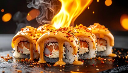 Flamed sushi roll with dual creamy topping and fire | torched fusion maki with shrimp and cheese filling | gourmet Japanese food close-up with dramatic lighting

