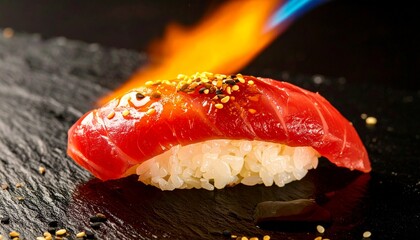Flamed tuna nigiri sushi with sesame topping | red fish on rice, torch flame visible | close-up Japanese gourmet food on black slate
