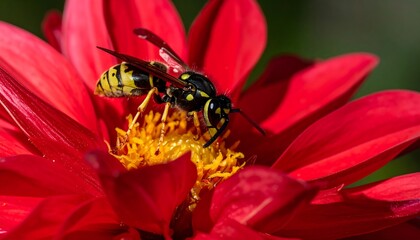 A close-up view of a wasp meticulously collecting nectar from a vibrant crimson dahlia flower.