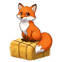 Obraz premium Cartoon Fox Sitting on Hay Bale