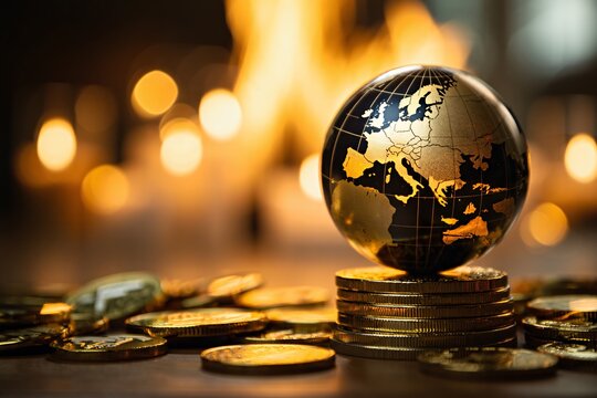 Golden globe on stack of coins with blurry warm lights