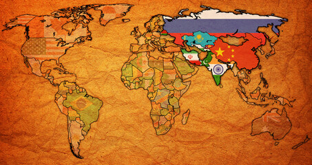 Naklejka premium Shanghai Cooperation Organisation territory on world map