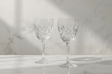 Fototapeta premium Crystal wine glasses on marble, sunlit background, elegant setting