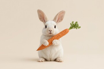 Obraz premium Cute bunny holding carrot, studio shot, beige background, Easter