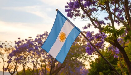 Argentinian flag waving in a tree lined street