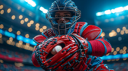 Closeup of a baseball catcher in action, poised to receive a pitch.  The vibrant red and blue gear contrasts sharply against the blurred stadium lights.