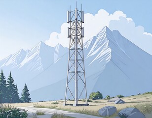 A serene mountain landscape with a communication tower stands tall against a backdrop of snow-capped peaks.