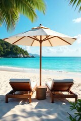 Obraz premium Relaxing beach scene with comfortable beds under a large beach umbrella offering shade and comfort , blue, sea, summer