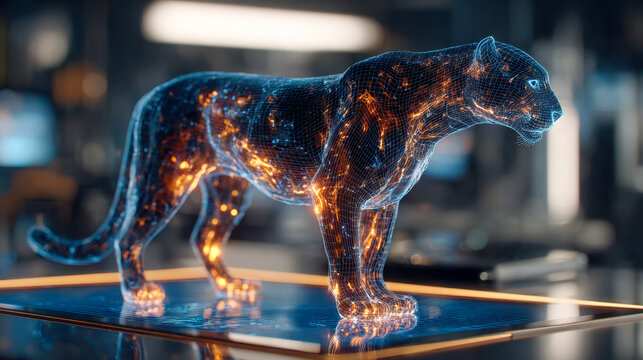 Digital holographic representation of a big cat with glowing circuits and intricate mesh design standing on a futuristic interface in a high-tech environment
