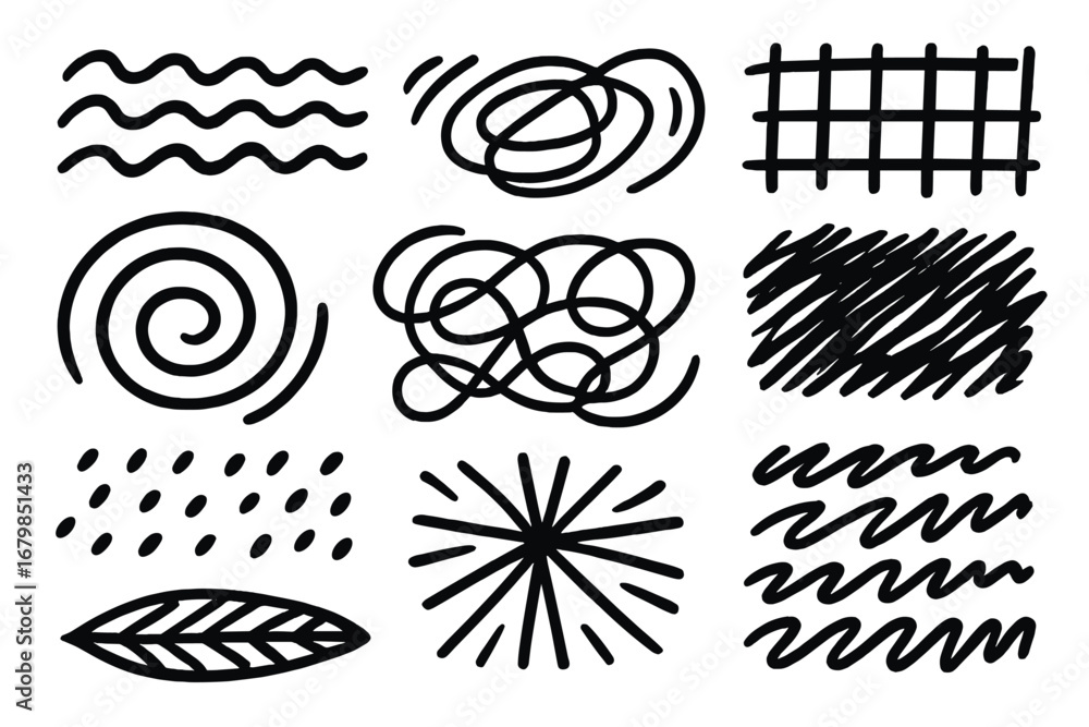 Poster set of hand drawn doodle patterns and abstract shapes. collection of black line art scribbles and te