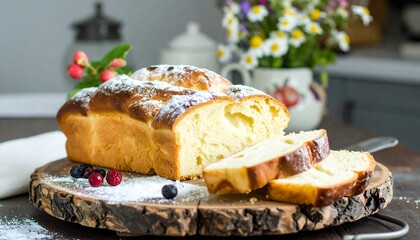 Freshly baked sweet bread loaf, dusted with powdered sugar, is sliced and displayed on a rustic wooden board.