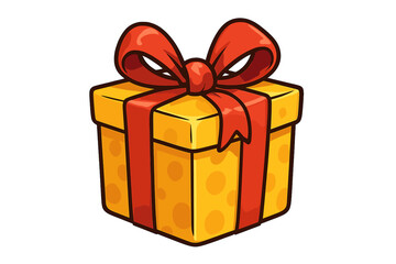 Obraz premium Yellow cartoon gift box with a big red ribbon bow. Vector illustration of a present for a celebration, surprise, birthday, Christmas, or anniversary. Isolated holiday package icon.