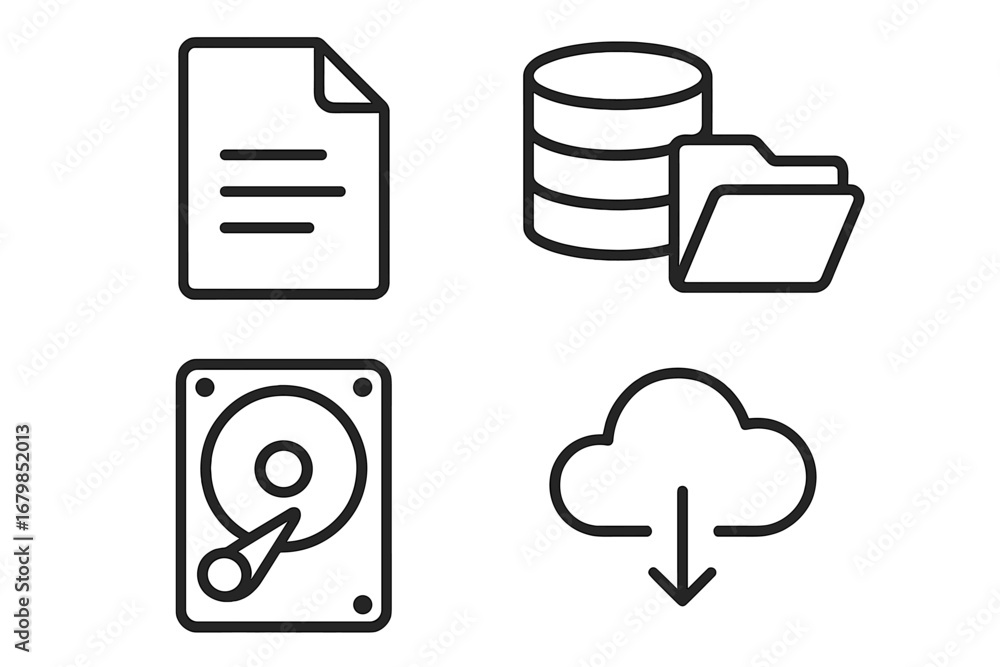 Leinwandbilder data storage and file management linear icon set. vector outline symbols for database, folder, docum