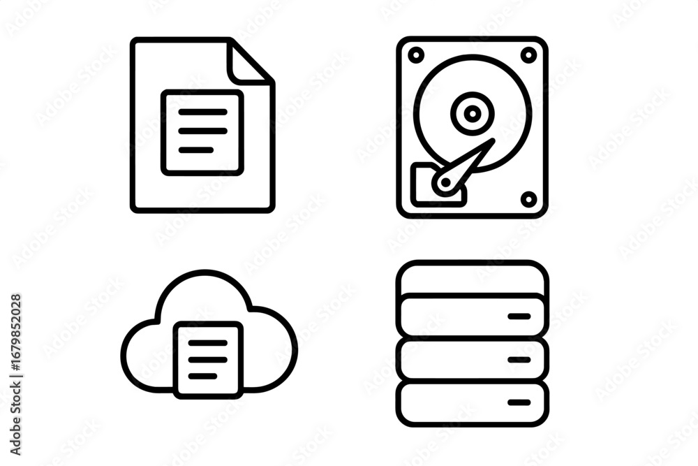 Fototapete data storage linear icon set. file, document, hard drive, and server outline symbols. cloud computin