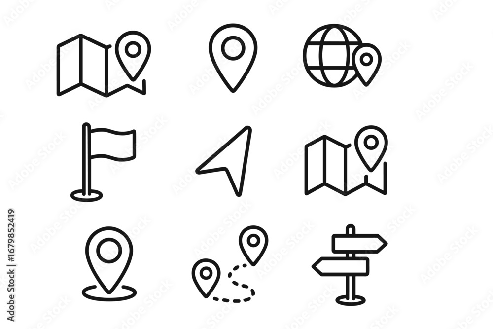 Poster navigation and location line icon set. collection of map, gps, and direction symbols. vector icons f