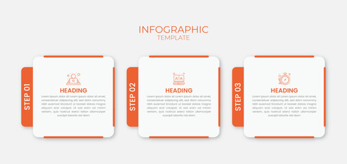Modern infographic template with three steps, icons, and text boxes. Ideal for process diagram, workflow, business presentation, and data visualization.
