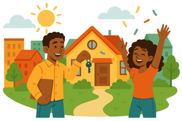 Real estate agent giving keys to happy new homeowner. Buying a house. Property ownership, mortgage and investment concept. Couple celebrating first home purchase vector cartoon.