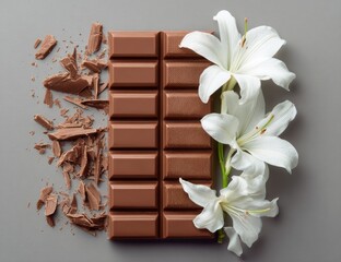 Milk chocolate bar with broken pieces and white lilies on gray background