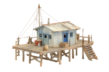 Wooden Fishing Station on Stilts Model with Pier