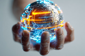 Futuristic digital globe held in hand with glowing data streams and circuit patterns