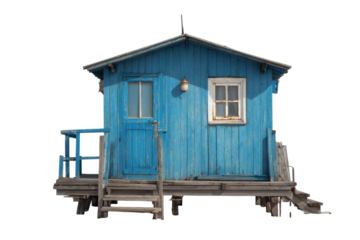 Blue Fishing Hut on Raised Wooden Stage, Isolated