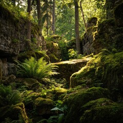 Sun-drenched forest glen with rocky, moss-covered terrain. Lush greenery and ferns fill the space between large rocks. Sunlight filters through the trees