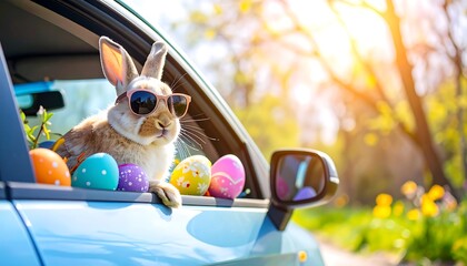 Easter bunny in sunglasses in a car