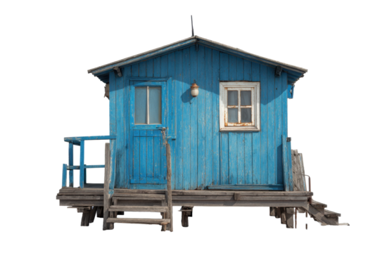 Blue Fishing Hut on Raised Wooden Stage, Isolated