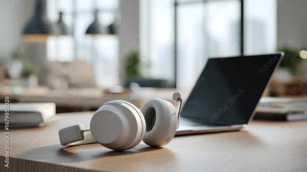 Poster medium shot emphasizing a wireless headset resting on a desk near an open laptop with blurred backgr