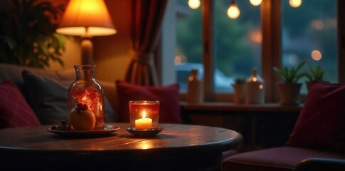 Relaxed, slightly tipsy evening  A cozy scene with dimmed lights, a warm drink, and comfortable surroundings; perfect for unwinding after a long day  Peaceful and serene atmosphere , alcohol, blanket