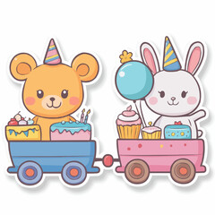 Fototapeta premium Cute sticker set with bear and rabbit in festive wagons, decorated with balloons, cakes and party hats, part of playful birthday train sticker series