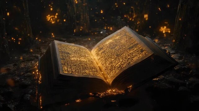 A mystical open book with glowing pages is surrounded by sparks and set in a dark, mysterious environment