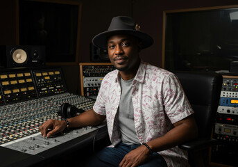  Black music producer in a hat at the mixing desk, embodying creativity and mastery of sound, an image of artistic passion and expertise