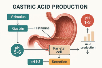 Gastric Acid Production Process Illustration, Stomach Anatomy, Digestive System Function [Illustration]