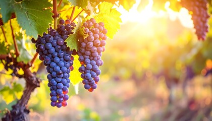 Vibrant grapes hanging from vines in sunlight