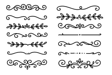 Obraz premium Set of hand drawn decorative borders and dividers. Elegant calligraphic lines, vintage flourishes and ornamental swirls for page decoration, wedding invitations or web design.