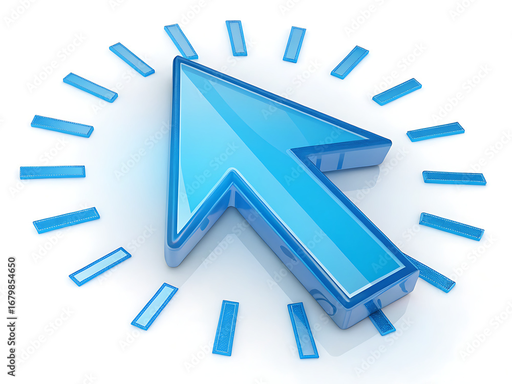 Poster a blue arrow cursor surrounded by blue rectangles on a white background in a rendered image