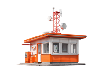 Orange Service Kiosk with Telecom Tower on Transparent Background
