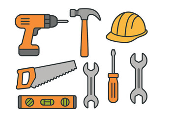 Various construction tools vector illustration with minimalistic design, including hammer, screwdriver, saw, wrench, drill, level, and hard hat on white background, cartoon style