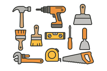 Various Construction Tools Illustrated with Minimalistic Design, Vector Cartoon Style Equipment Set on White Background, Includes Hammer, Drill, Brush, Saw, Wrench, Screwdriver, Level, Tape Measure