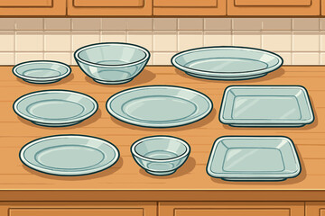 Assorted styles of clear glass plates, bowls, and platters arranged in a kitchen setting, vector cartoon illustration with transparent background, ordered tableware set for dining or serving