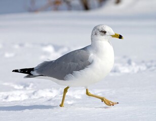 Snowy seagull walking in snow