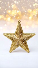 Ornate gold star ornament stands out against a background of sparkling lights.