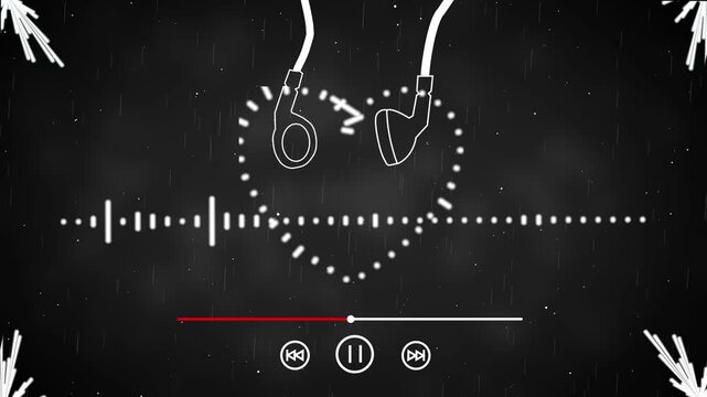 A black and white animated visualizer featuring headphones forming a heart, audio waveforms, and rain effects, for romantic or emotional music backgrounds. 4K Video