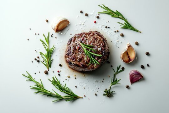 A perfectly seared beef filet mignon, nestled amongst sprigs of rosemary, garlic cloves, peppercorns, and sea salt on a minimalist white background